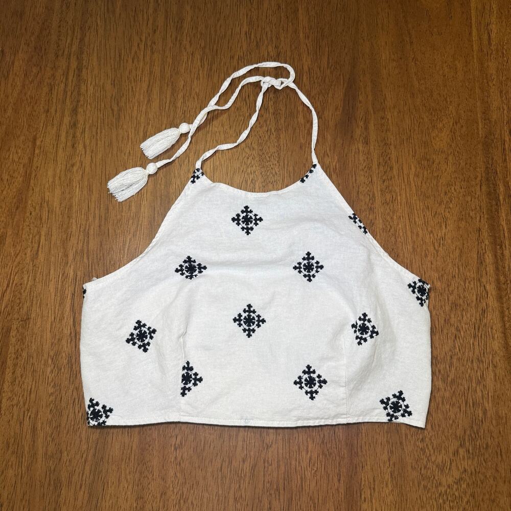 House of Harlow 1960 Halter Crop Top Large Ivory Black Embroidered Boho Tassel